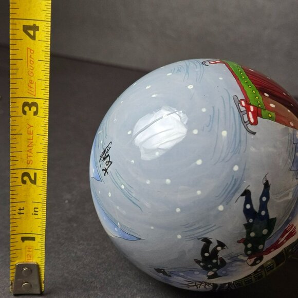 Inside Painted Glass Christmas Ornament Winter Village Scene Skaters Signed 3" - Picture 9 of 9